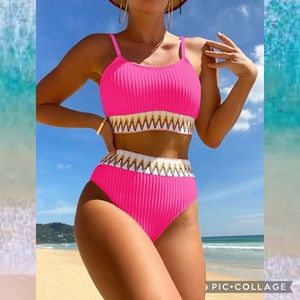 Barbiecore Hot Pink High Waist Ribbed Chevron Trim Bikini Swimsuit Size Large